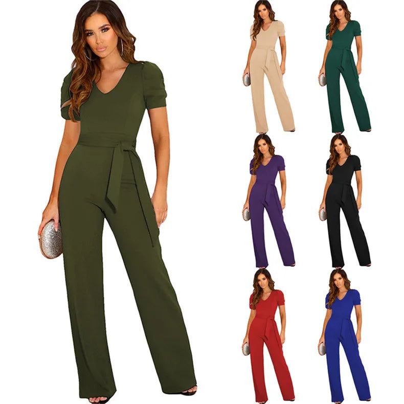 Elegant Women's Jumpsuits 2024 Summer Lace Up Waist  Solid V-Neck Short Sleeve Wide Leg Pants Female Commuter Office Plus Size