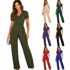 Elegant Women's Jumpsuits 2024 Summer Lace Up Waist  Solid V-Neck Short Sleeve Wide Leg Pants Female Commuter Office Plus Size