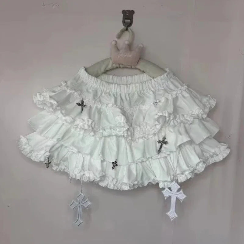 Emo Women Y2K Japanese Goth Elastic Waist Cross Mini Short Skirt High Waist Aesthetic Acubi Ruffle Skirts A-line 2000s Clothes