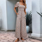 Bohemian Vacation Holiday Jumpsuit Women Pleated Wide Leg Rompers Chiffon Print Ethnic Playsuit Summer Casual Jumpsuits