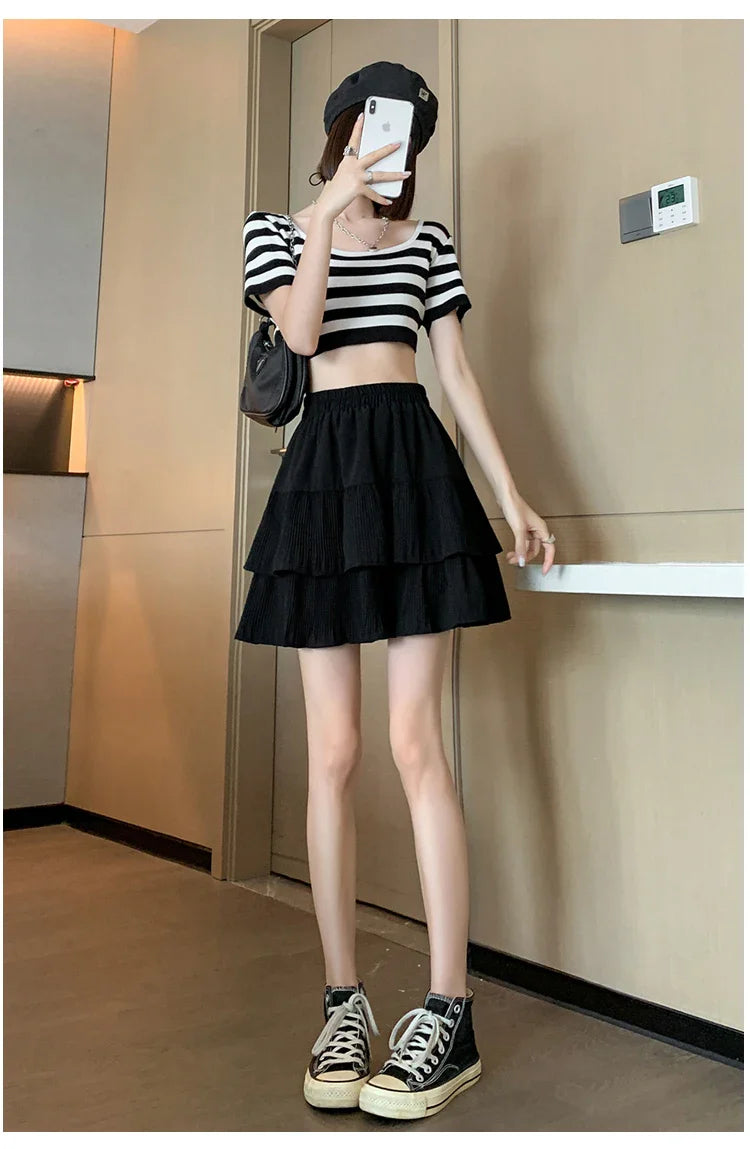 Casual Summer Ball Gown Pleated Skirts Women 2024 Korean Fashion Clothing Faldas Largas High Waist Black White A Line Mini Skirt