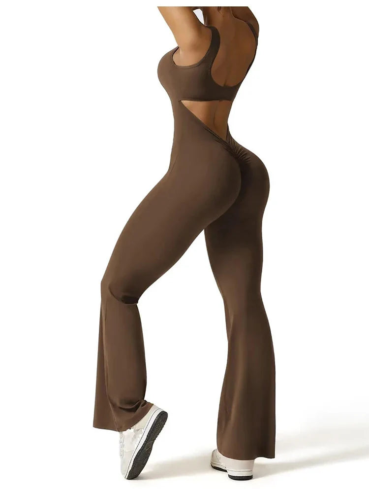 2025 Summer New Women's Sexy Hottie Style Backless One-piece Suit Sports Fitness Yoga Pullover One-piece Suit Flared Pants