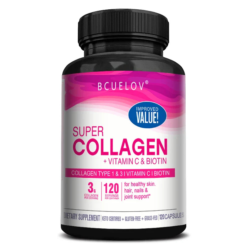 Collagen + Vitamin C plus Biotin, Anti-Aging Support, Antioxidant, Brightener, Skin, Hair & Nails Supplement, 120 Capsules