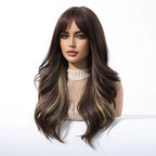 Brown Blonde Highlights Wigs Medium Length Wavy Synthetic Wig With Bangs Natural Body Wave Hair For Women Daily High Temperature