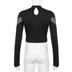 CIBBAR Gothic Black Crop Top Chic See Through Mesh Patchwork Full Sleeve Skinny Basic T-shirt Women Punk Style Stitched T Shirts