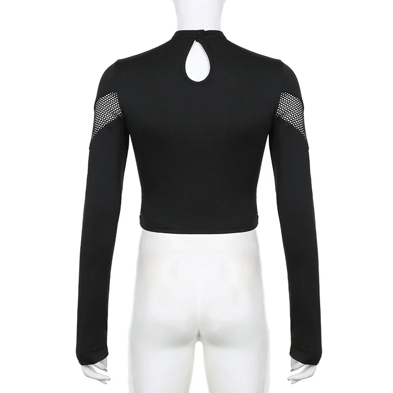 CIBBAR Gothic Black Crop Top Chic See Through Mesh Patchwork Full Sleeve Skinny Basic T-shirt Women Punk Style Stitched T Shirts