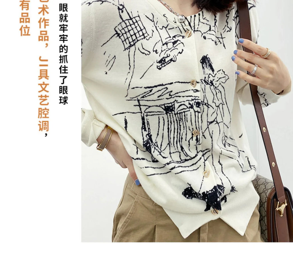 Graffiti Digital Jacquard Fine Imitation Fashion Wool Knitted Cardigan Women's 22 Spring Autumn Thin Loose Jacket Trendy Sweater
