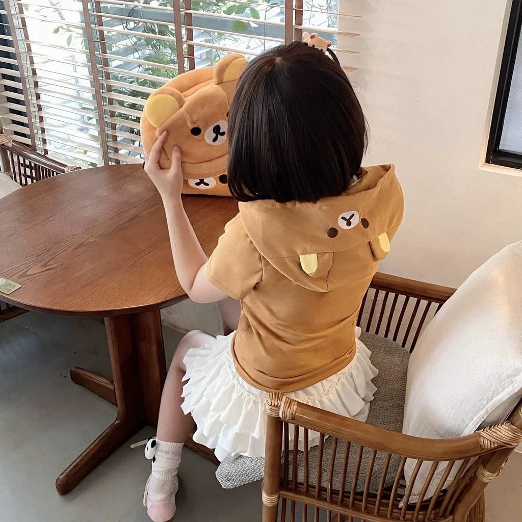 Cute Cartoon Hoodie Rilakkumaed Zip-up Hoodie Teddy Bear Ears Long Sleeve Jacket Fashion Women's Casual Cardigan Cotton Clothing