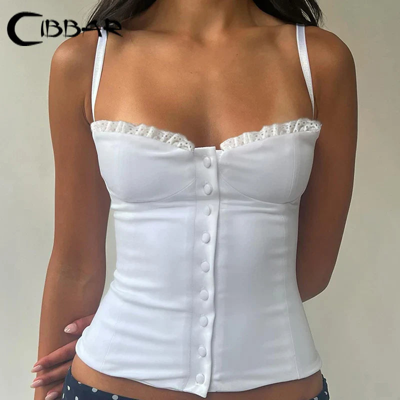 CIBBAR White Button Up Corset Top Vintage 2000s Lace Stitching Skinny Cropped Tops Elegant Ladies Strap Tee y2k Coquette Clothes
