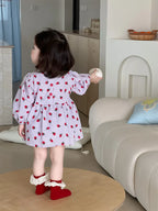 2025 Spring New Baby Girl Long Sleeve Dress Cute Strawberry Print Newborn Toddler Princess Bodysuit Dress Kids Girls Lace Dress