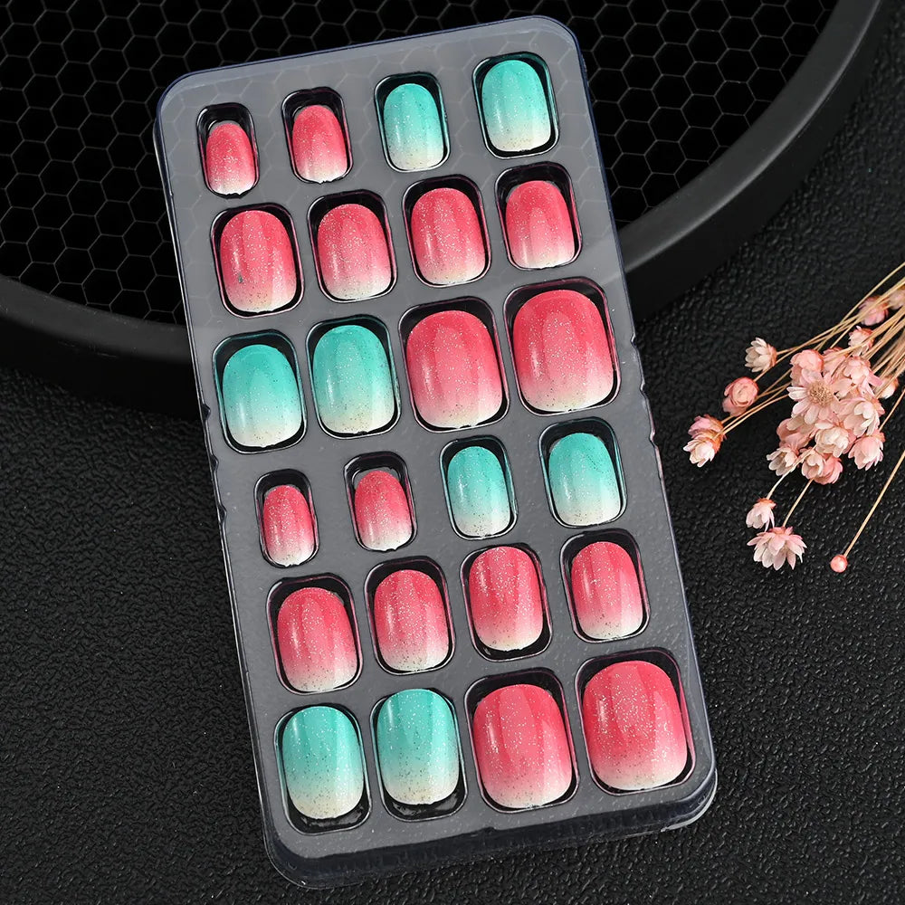 24Pcs Children Cartoon Nail Tips Colorful Cute Rabbit Pink Stars 6-14 Years old Girl Fake Nail With Jelly Glue Kids False Nail