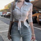 Black Shirts Woman Elegant Fashion Streetwear Female Slim Blouse Spring Summer Thin Y2K Casual Office Ladies Sexy Tops White