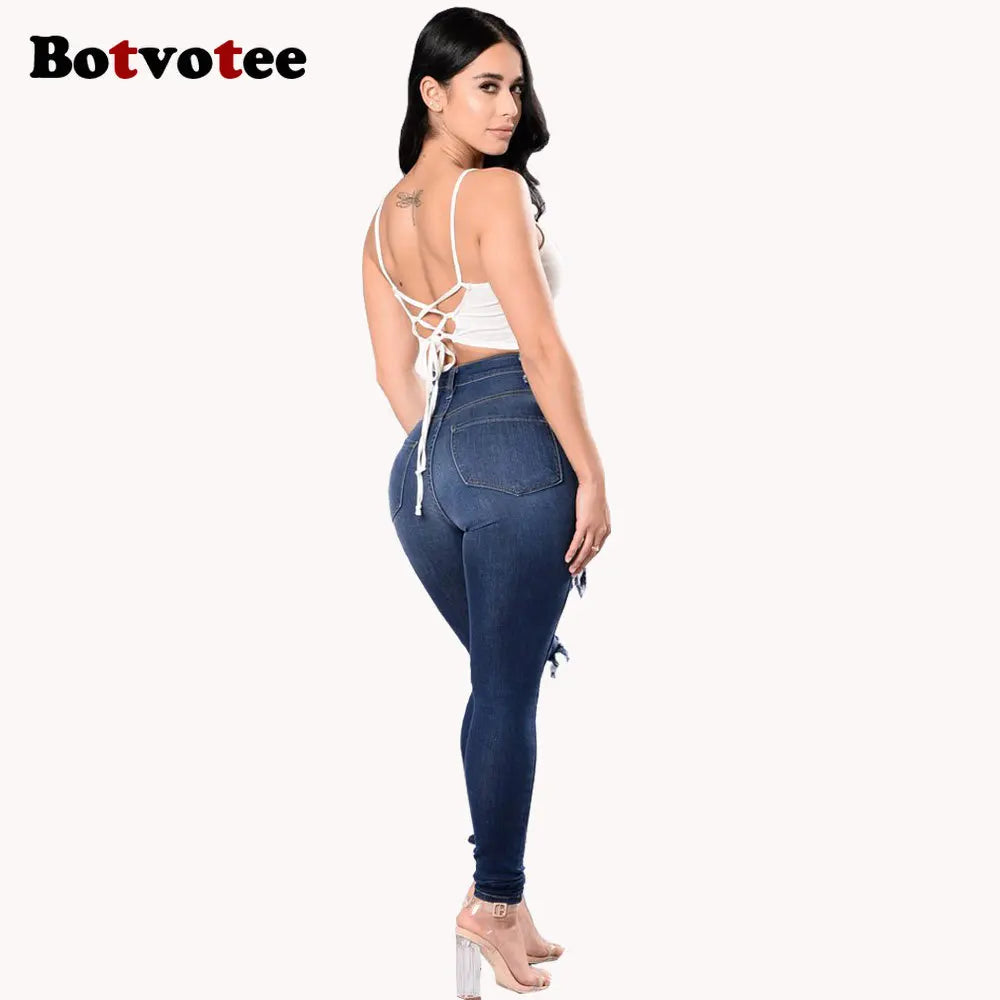 Botvotee Ripped Skinny High Waisted Pencil Jeans for Women Casual Y2K Streetwear Denim Pants Dark Blue Elastic Jeans Woman