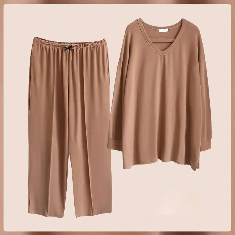 150KG Extra Large Size Loose Pajamas Women Solid Long-sleeved V-neck Two-piece Set Spring Casual Loungewear Can Be Worn Outside