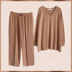 150KG Extra Large Size Loose Pajamas Women Solid Long-sleeved V-neck Two-piece Set Spring Casual Loungewear Can Be Worn Outside