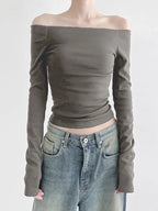 Black Solid Slash Neck Elegant Long Sleeve Tops Korean Fashion Slim Sexy Cropped T Shirt Women Fall Clothing