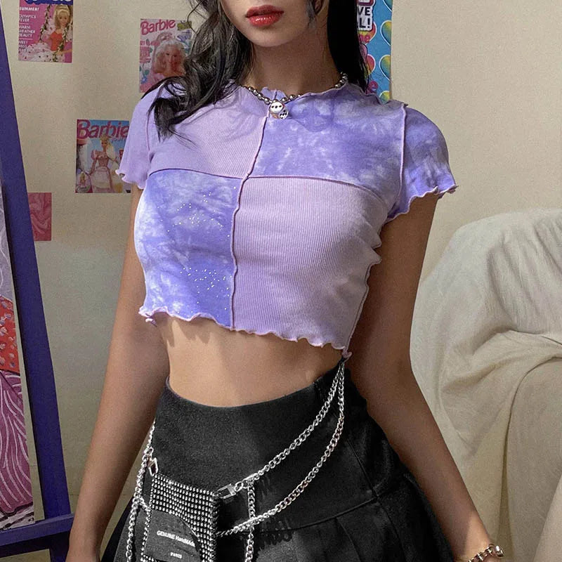 Chic Crop Tops Tees Tie Dye With Sequin Patchwork Women Summer T-shirts Ruffles Hem Purple Or Bule Clothes