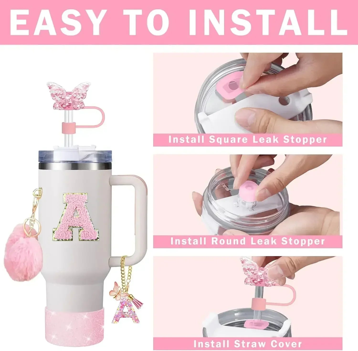 9PCS Accessory Set for Stanley Cup 30oz 40oz Butterfly Straw Cover Cap Silicone Boot Charm Initials Sticker Spill Proof Stopper
