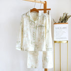 2025 New Spring and Autumn Women's Pajama Set 100% Cotton Crepe Printed Long Sleeve Pants Two Piece Home Suit Set Sleepwear