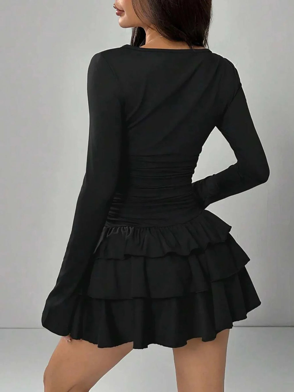 2025 Autumn Solid Slim Fit Cascading Ruffles Mini Dress Winter Women Elegant Flare Sleeve High Waist Sexy Party Bodycon Dresses