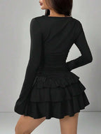 2025 Autumn Solid Slim Fit Cascading Ruffles Mini Dress Winter Women Elegant Flare Sleeve High Waist Sexy Party Bodycon Dresses