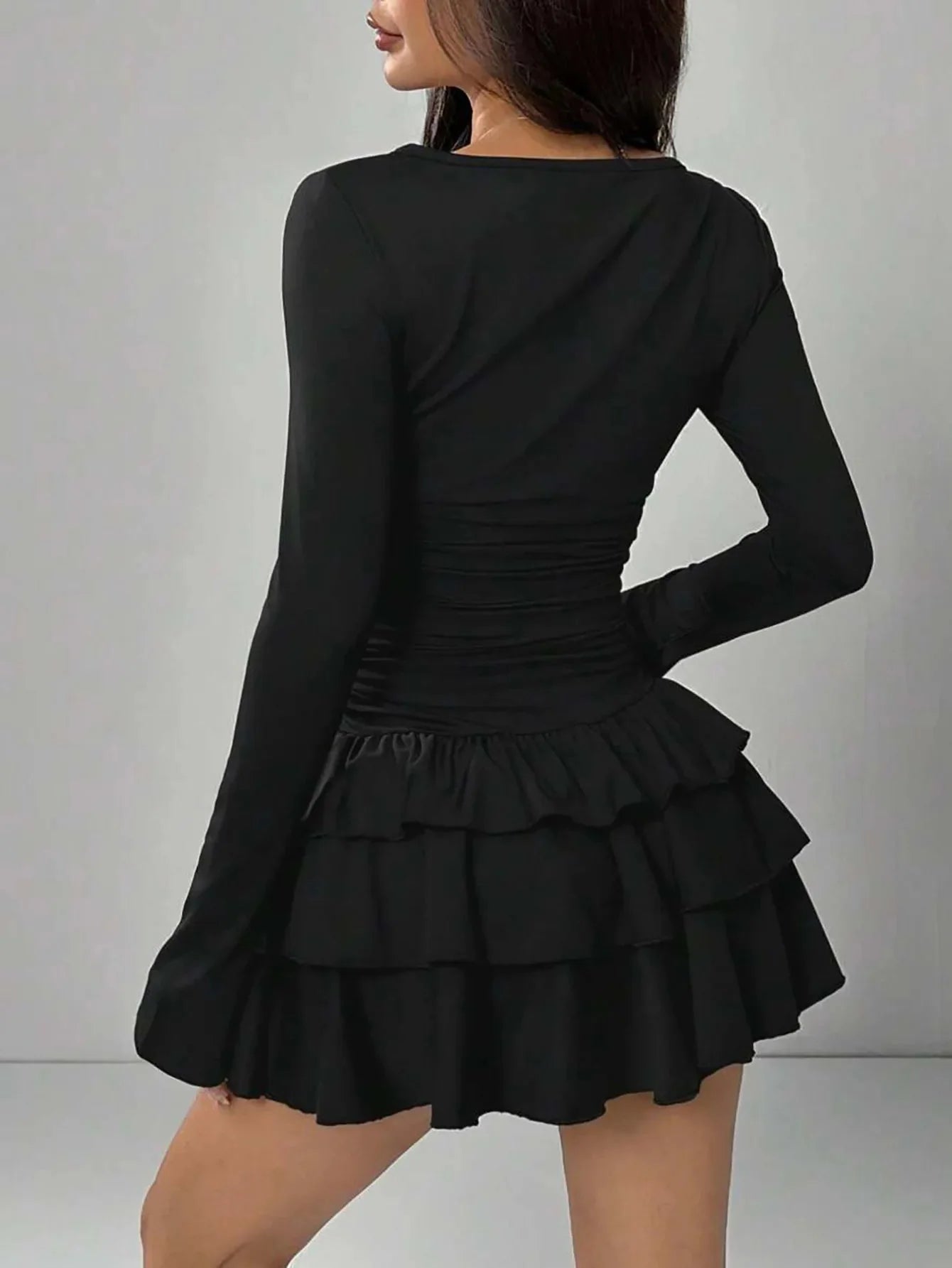 2025 Autumn Solid Slim Fit Cascading Ruffles Mini Dress Winter Women Elegant Flare Sleeve High Waist Sexy Party Bodycon Dresses