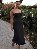 Dulzura Sleeveless Ruffles Patchwork Strapless Bodycon Midi Dress Women'S Solid Sexy Outfit Party Clubwear For Autumn Winter