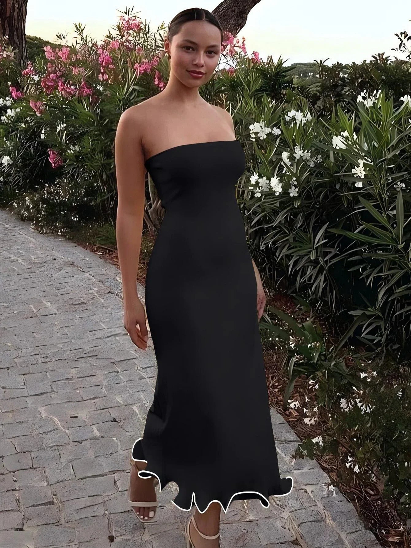 Dulzura Sleeveless Ruffles Patchwork Strapless Bodycon Midi Dress Women'S Solid Sexy Outfit Party Clubwear For Autumn Winter