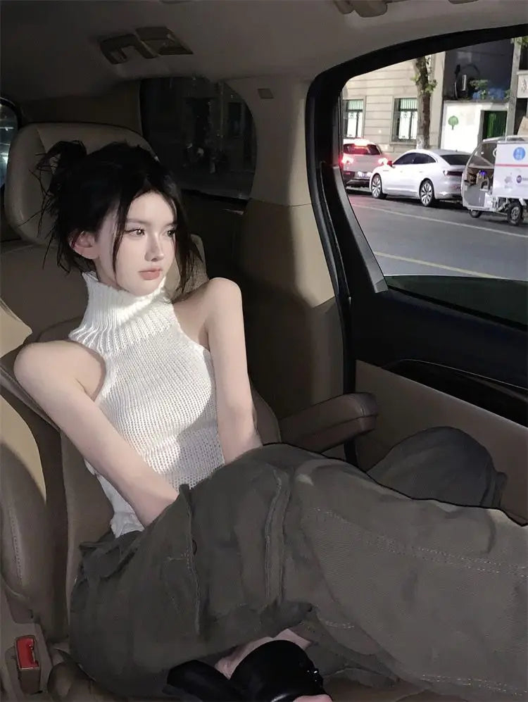 Crop Top Summer Y2K Clothes Fashion Sleeveless Shirts Turtleneck Tees Bandage Tanks Hollow Out Tops Women Sexy Gothic Clothing