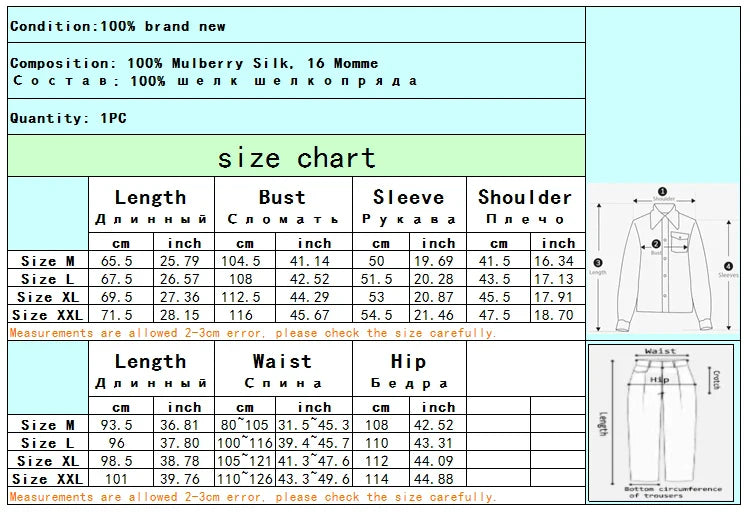 100% Pure Silk Women's Classical Pajama Set Sleepwear Nightgown M L XL YM007