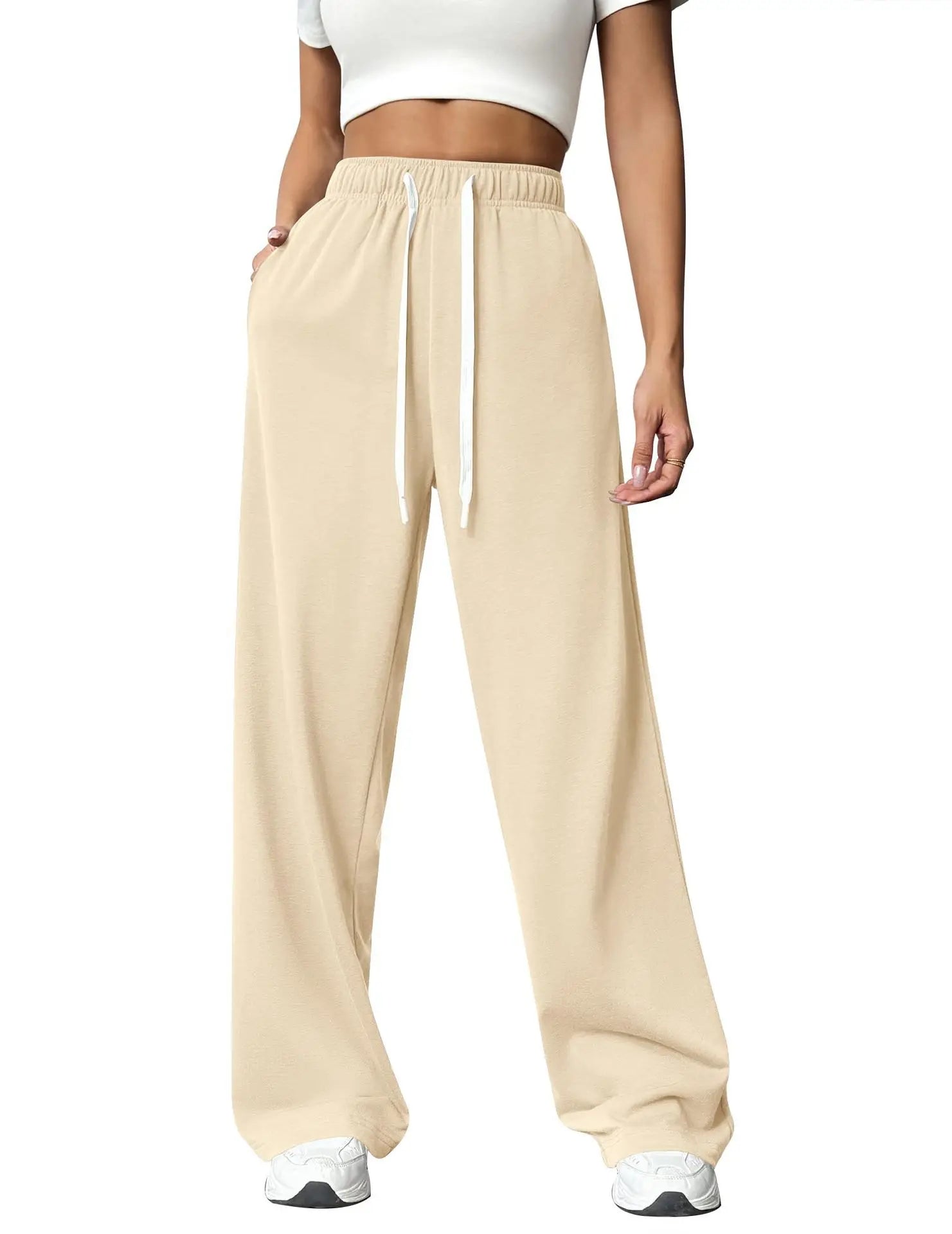 Casual Wide Leg Sports Pants for Women Casual Straight Leg Loose Solid Color Elastic Drawstring High Waisted Wide Leg Pants