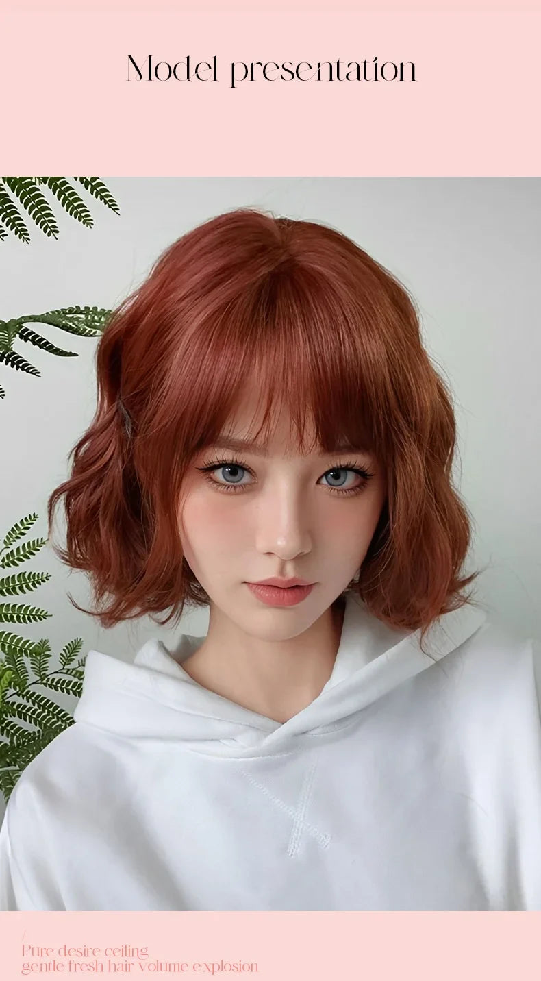 Allbell Magique Short Wavy Wig Bob Curly Wig With Bangs Dirty Orange Lolita Wigs Natural Synthetic Wig For Woman Heat Resistant