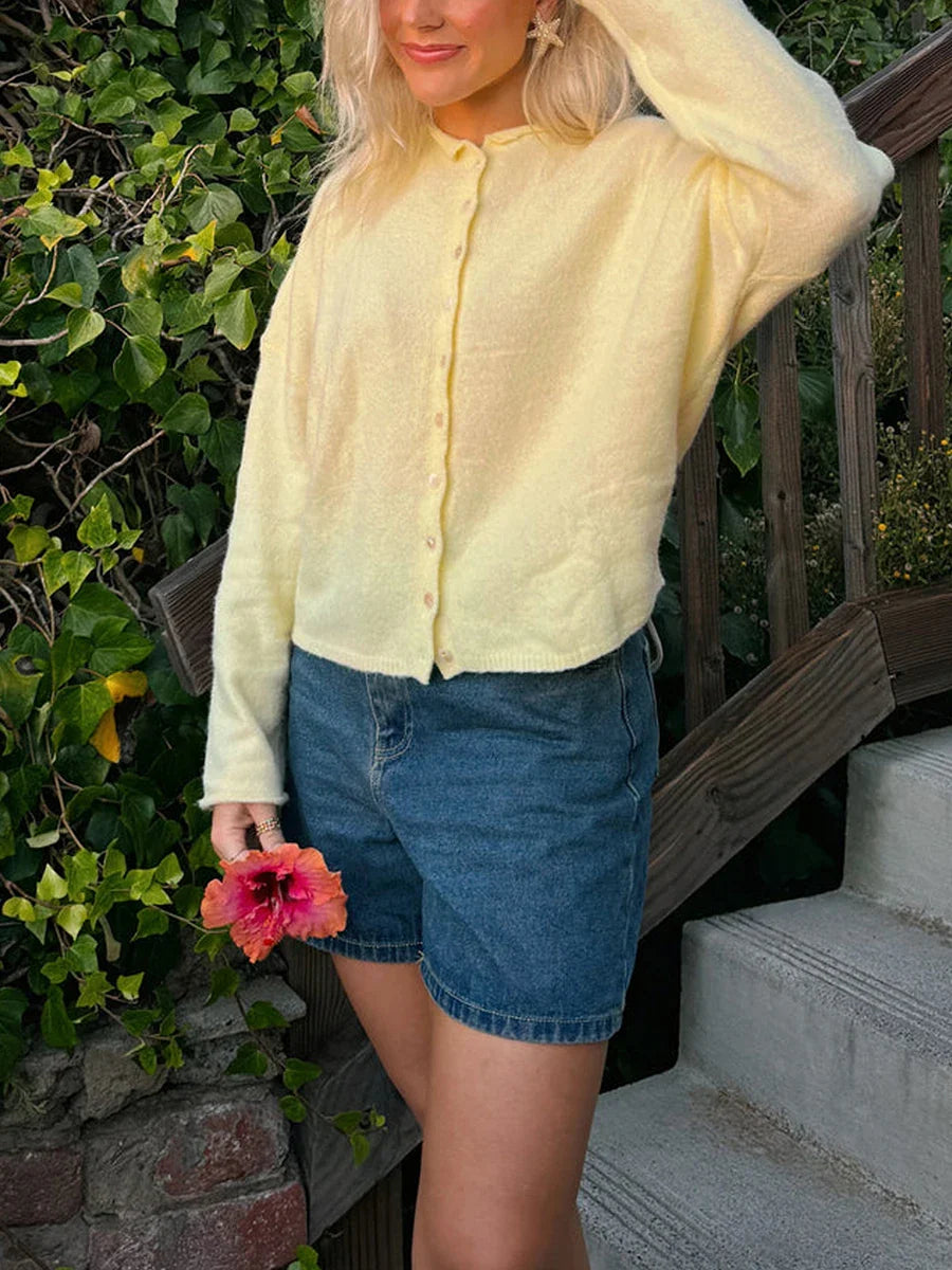 Combhasaki Women's Y2K Chic Solid Color Knitwear Cardigan Fuzzy Long Sleeve Button-down Front Closure Loose Fit Basic Sweaters