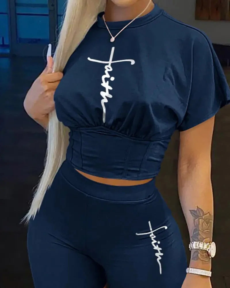 Casual O-neck Short Sleeve T-shirt Shorts Set Office Lady Summer Letter Print Tops Solid Shorts Two Piece Set Women Outfit 2024