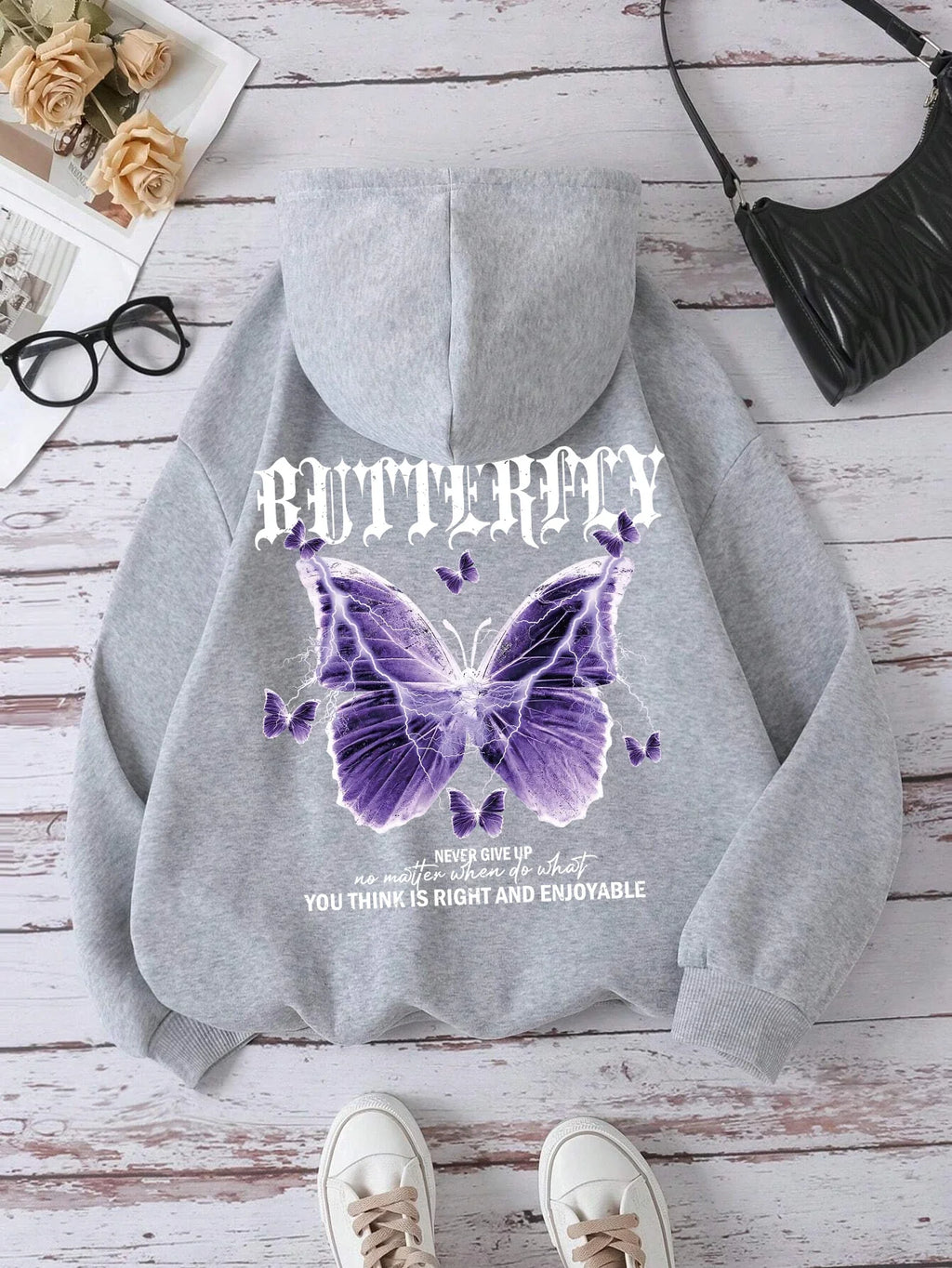 Beautiful Purple Butterfly Printing Hoodies Women Fleece Pocket Hoody Simple Casual Hoodie Autumn Loose Female Streetwear