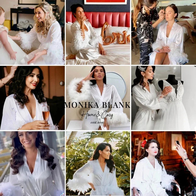 Bride Robe For Wedding Day With Feather Long Silk White Boudoir Kimono Boudoir Lingerie Satin Robes Bridal Lace Bridesmaid Gifts