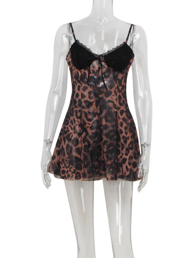 Ahagaga Sexy Leopard Women's Mini Dresses Camisole Sleeveless V-Neck Slim Fit Lace Bows Blackless Streetwear Bodycon Vestidos
