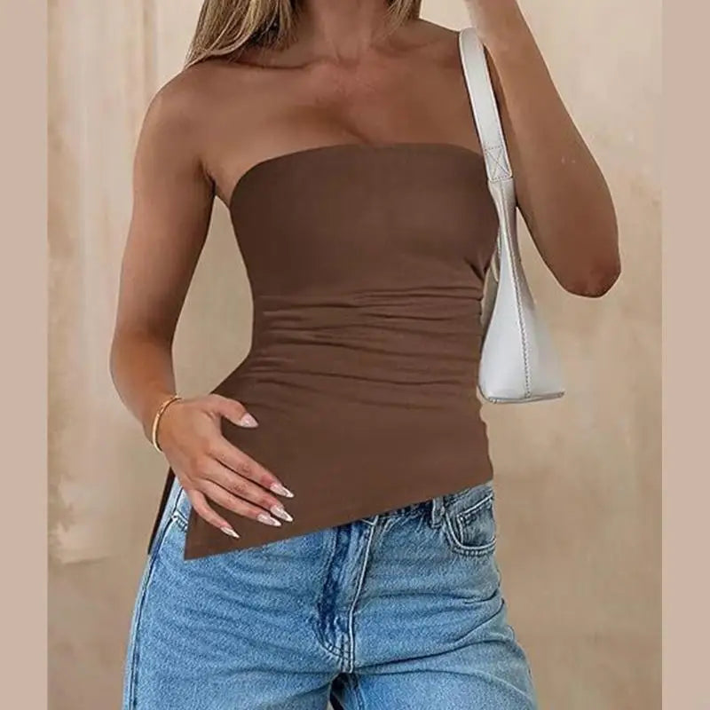 920L Strapless Ruched Asymmetrical Tube Top for Women Off Shoulder Bandeau Shirt Solid Color Side Split Fit Top