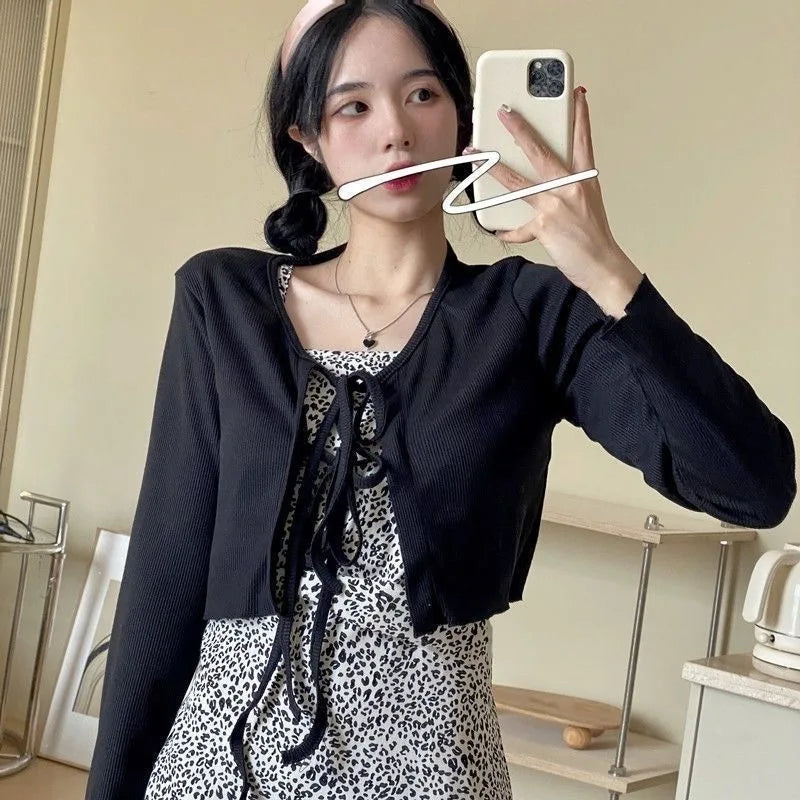 Casual Knitted Cardigan Women Fashion Thin Sunscreen Lace-Up Knitwear Tops Y2k Girls Korean Style Flare Sleeve Cropped Coat