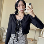 Casual Knitted Cardigan Women Fashion Thin Sunscreen Lace-Up Knitwear Tops Y2k Girls Korean Style Flare Sleeve Cropped Coat