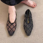 2025 New Lace Mesh Breathable Single Shoes Women's Summer French Square Toe Slip-On Chain Mary Jane Flats