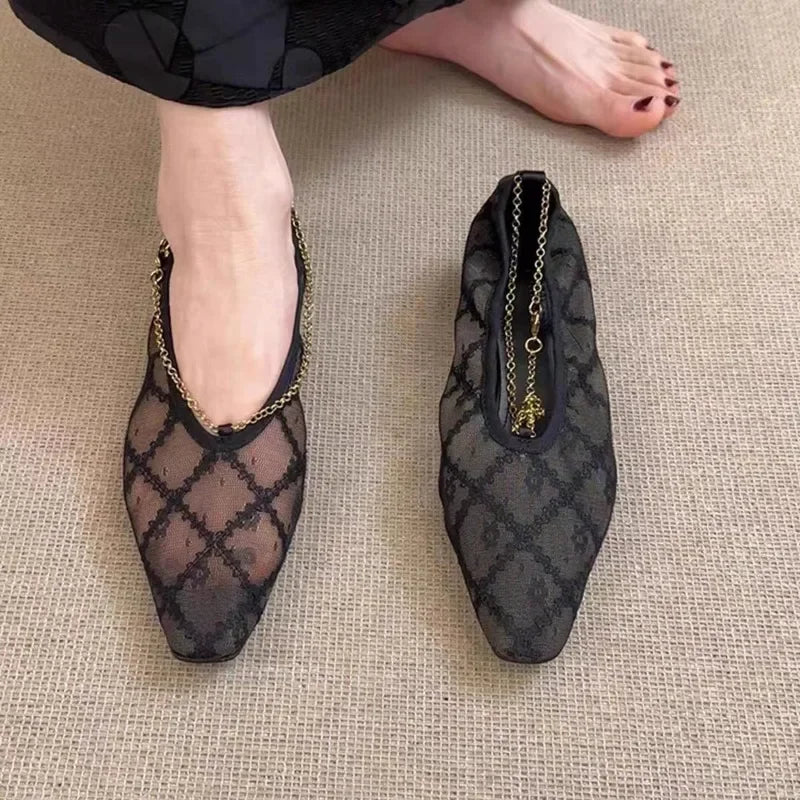 2025 New Lace Mesh Breathable Single Shoes Women's Summer French Square Toe Slip-On Chain Mary Jane Flats