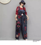 Hand Embroidery Old Cloth Patchwork Wide Leg Strap Long Pants Women Autumn Loose High Waist Jumpsuit LX4343