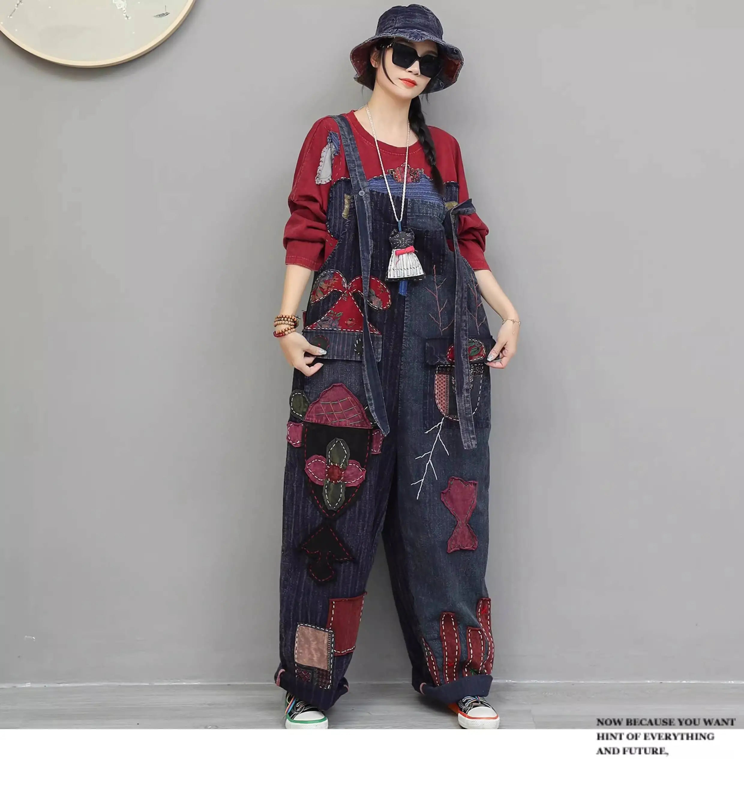 Hand Embroidery Old Cloth Patchwork Wide Leg Strap Long Pants Women Autumn Loose High Waist Jumpsuit LX4343