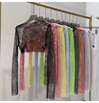 2023 new sexy bright diamond short top Slim thin Ms. hot drill long-sleeved T-shirt sexy leak waist nightclub