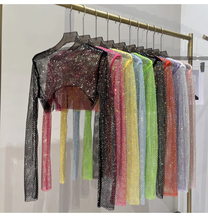 2023 new sexy bright diamond short top Slim thin Ms. hot drill long-sleeved T-shirt sexy leak waist nightclub