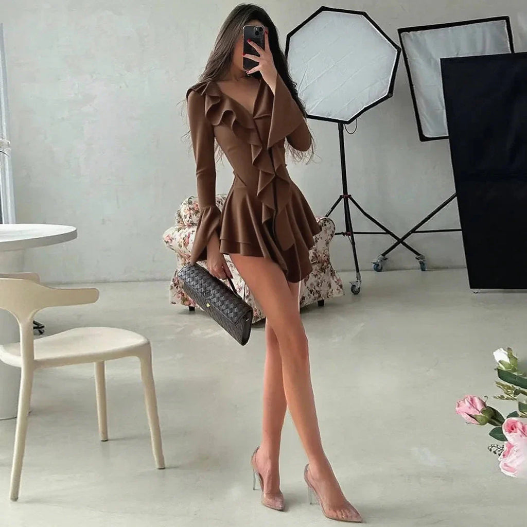 2025 New Autumn Irregular Hem Dress Women Y2K Flare Sleeve V-Neck Bandage Stretch Elegant Birthday Party Chic Hipster Bodycon