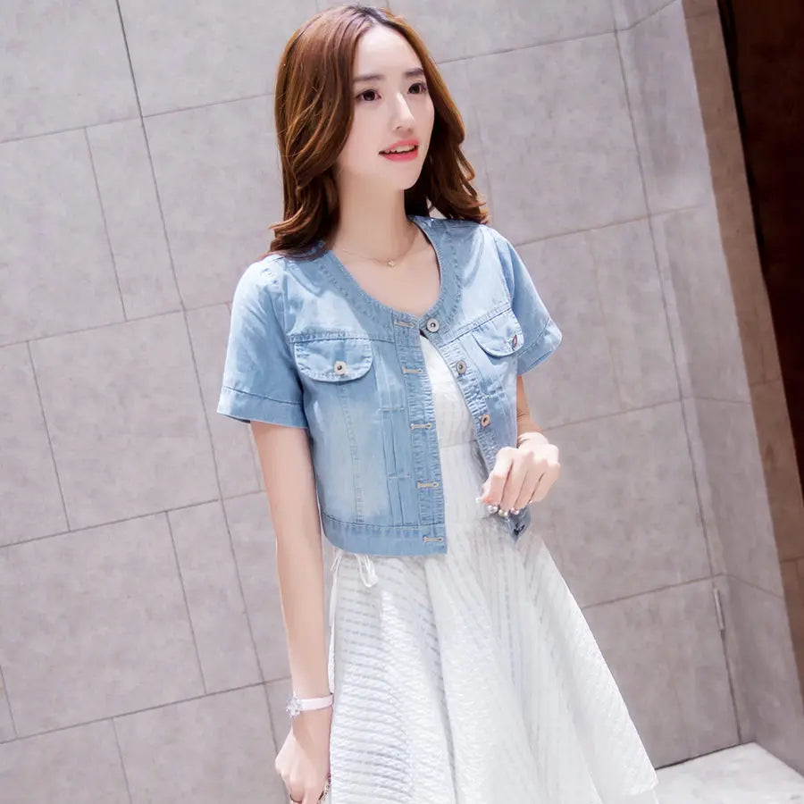 2023 Spring/Summer New Denim Jacket Women's Korean Casual Slim All-Match Short Crop Sleeve Short Sleeve Denim Button Up Top