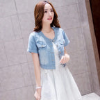 2023 Spring/Summer New Denim Jacket Women's Korean Casual Slim All-Match Short Crop Sleeve Short Sleeve Denim Button Up Top