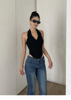 American Style Spicy Girl Sleeveless Polo Neck Solid Bodysuits Women's 2024 Summer New Sexy Backless High Waisted Slim Top Q29N